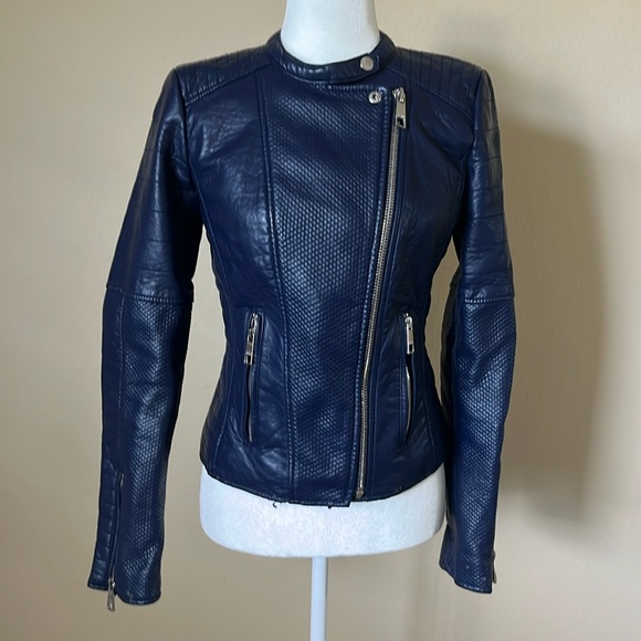 Guess Megan moto faux leather jacket.  Navy blue. Size XS.  Some wear. - Picture 1 of 8